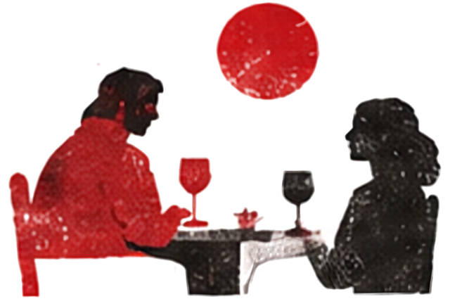 Dos personas sentadas a una mesa con copas, bajo una luna roja