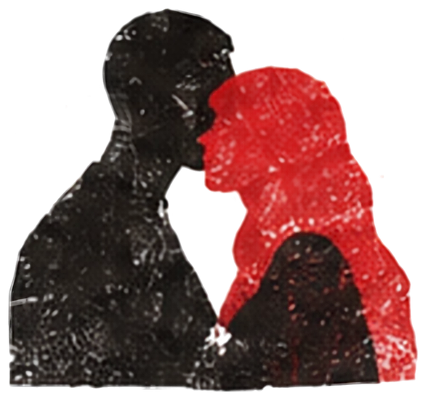 Dos siluetas frente a frente, una negra y otra roja, a punto de besarse