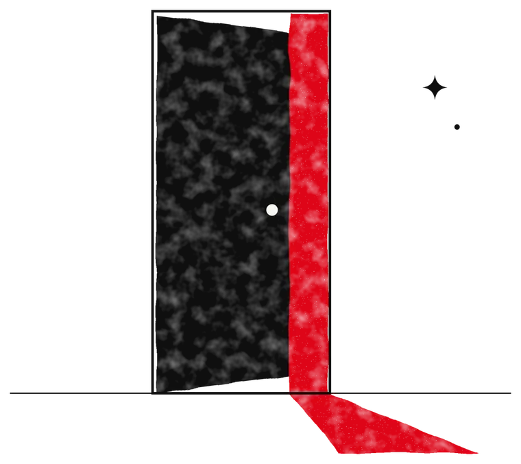 Una puerta entreabierta por la que sale una franja de luz roja