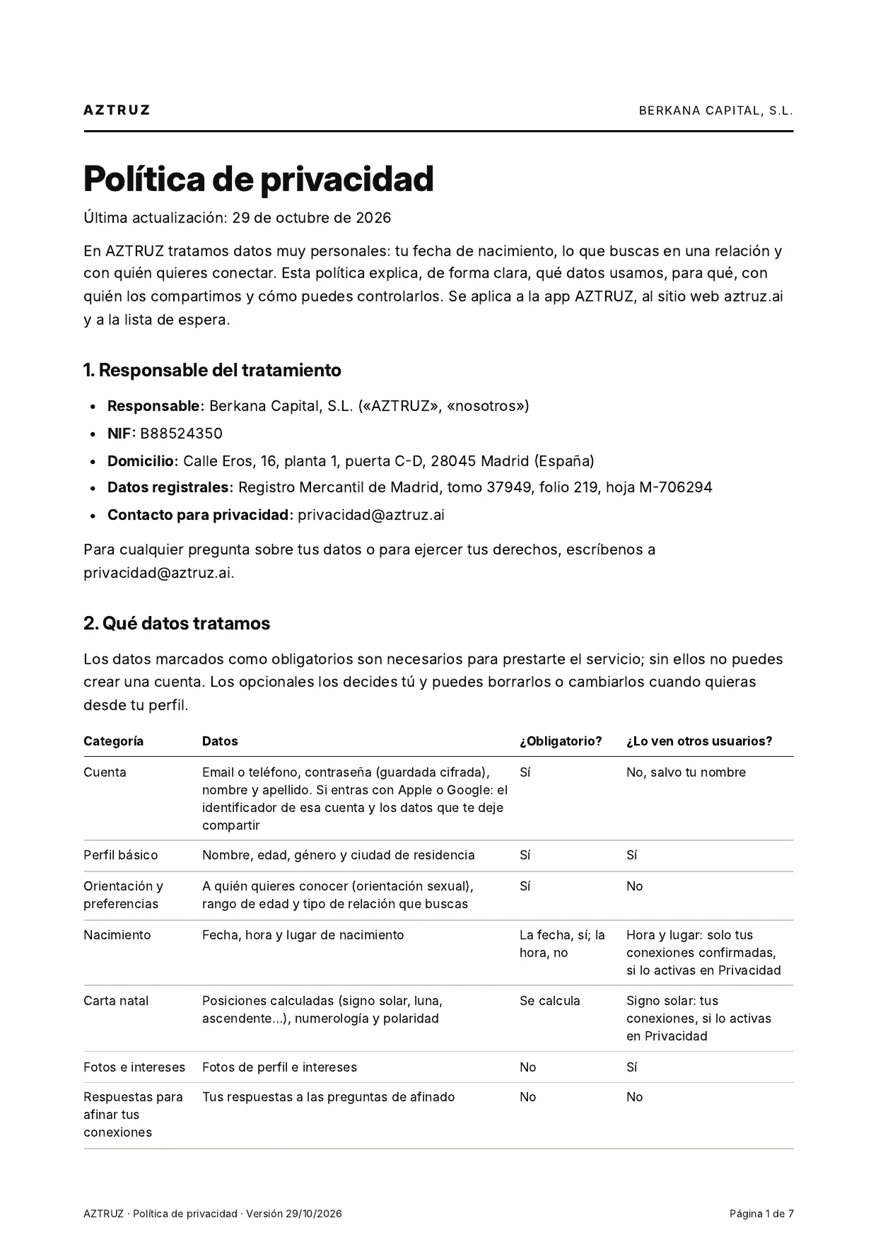 Política de privacidad, página 1 de 7