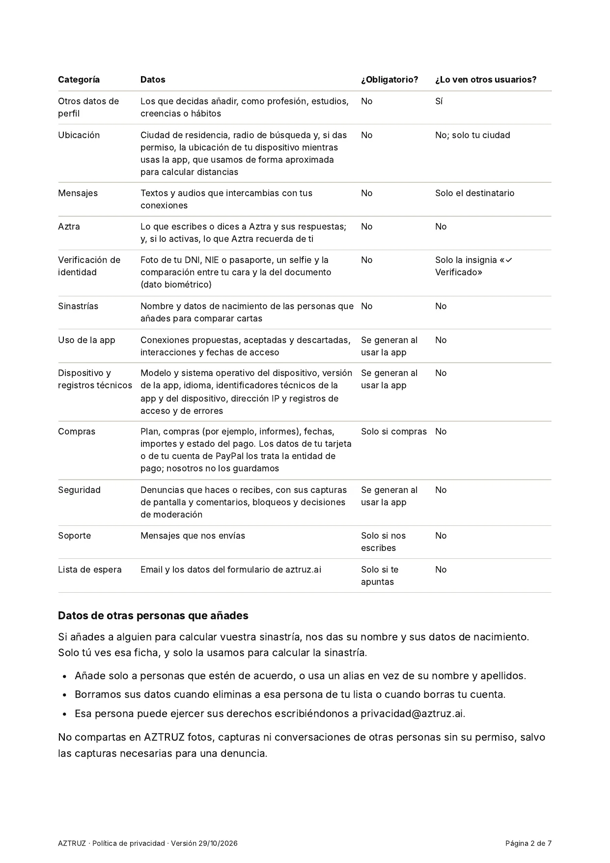 Política de privacidad, página 2 de 7