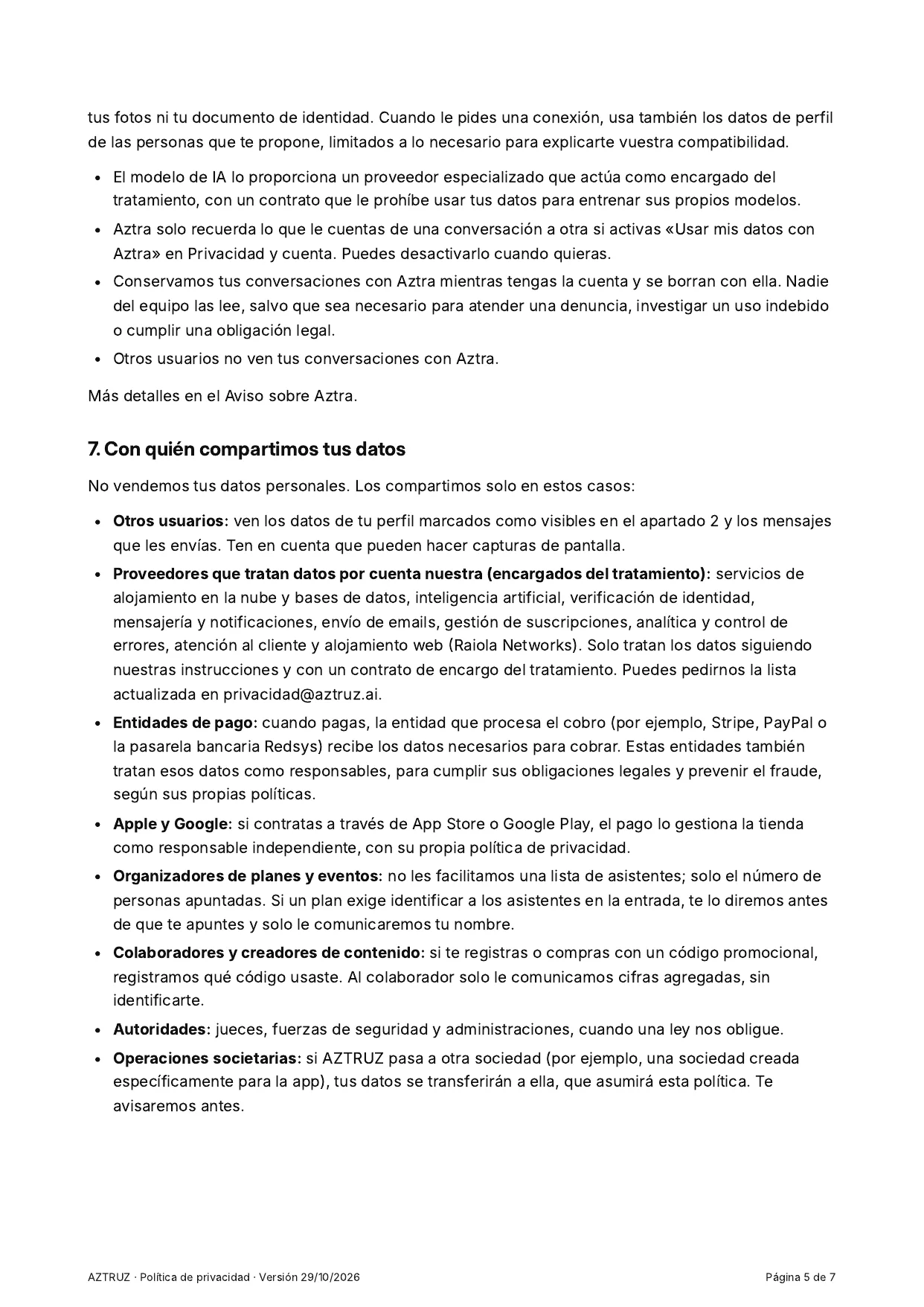 Política de privacidad, página 5 de 7