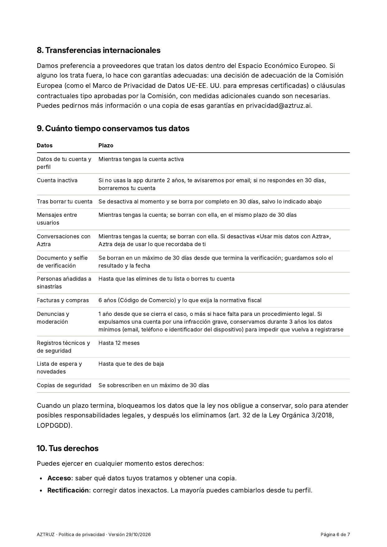 Política de privacidad, página 6 de 7